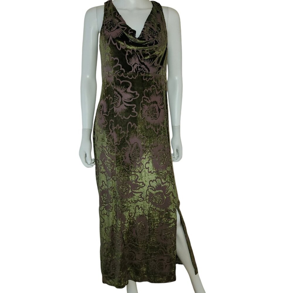 Taylor Olive Green and Brown Velvet Floral Maxi Dress